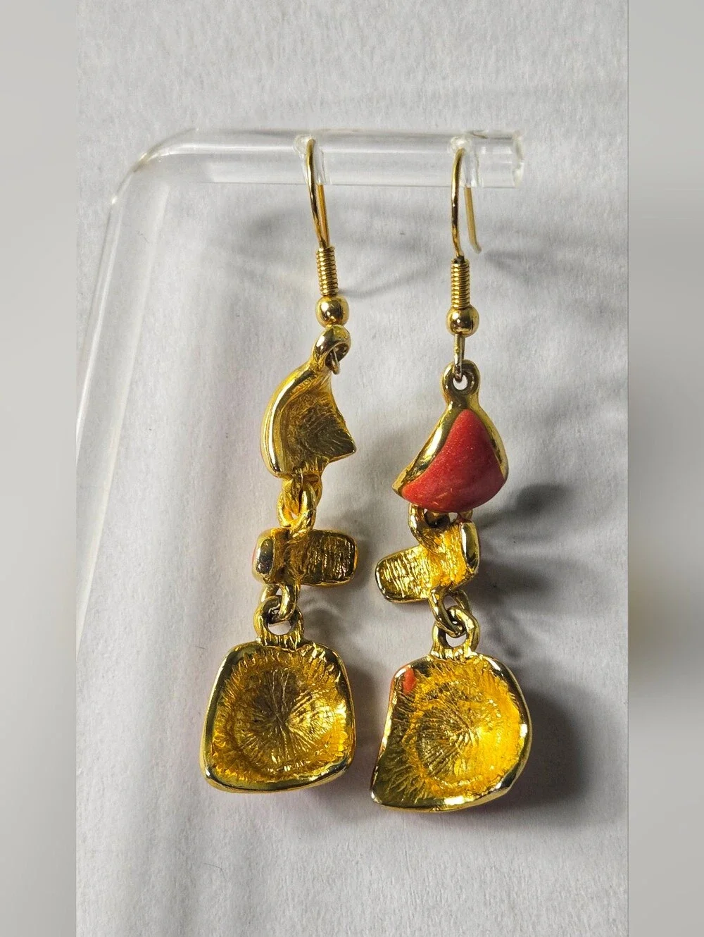 Vintage Gold-Tone Orange Enamel Dangle Earrings